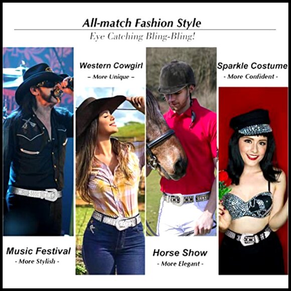 Rhinestone Studded Leather Belt Western Cowboy Cowgirl Bling Unisex - Picture 5 of 7